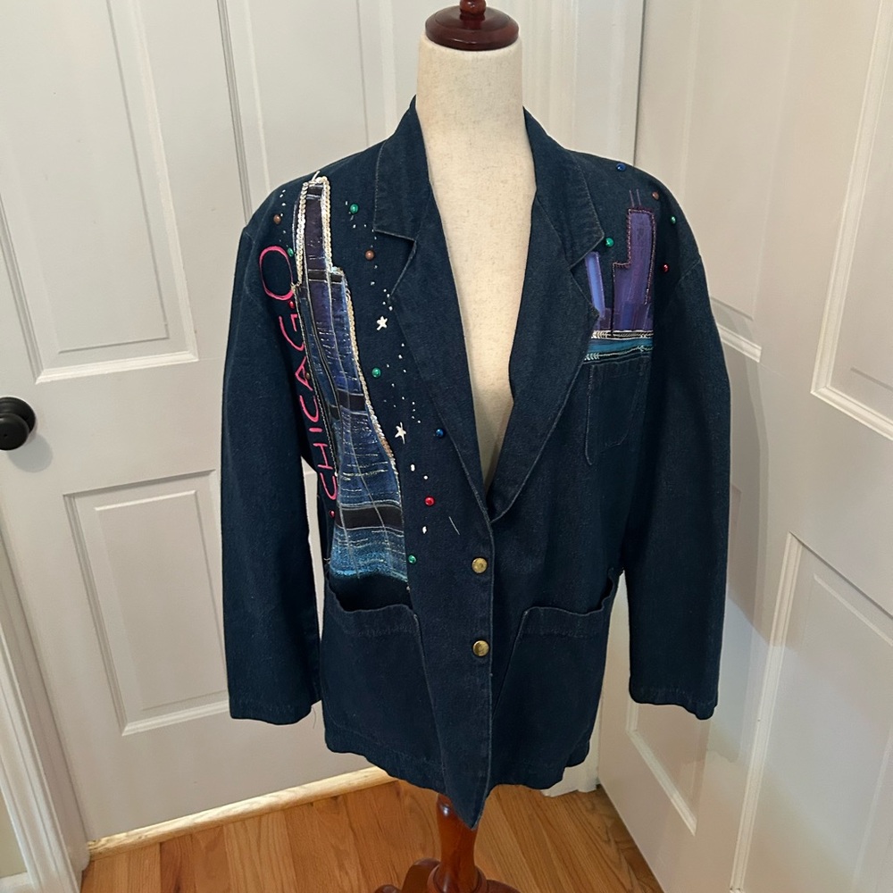 VTG‎ 80s/90s DECO Sport Hand-Painted Chicago Denim Blazer Sz 6/M Made in USA - Picture 3 of 17